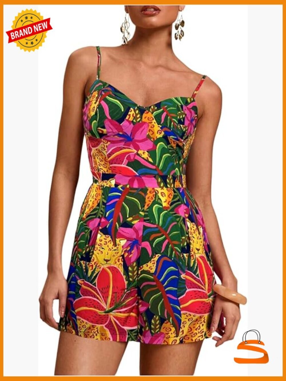 Sleeveless V-Neck Jumpsuit with Tropical Print, Regular Fit, Polyester